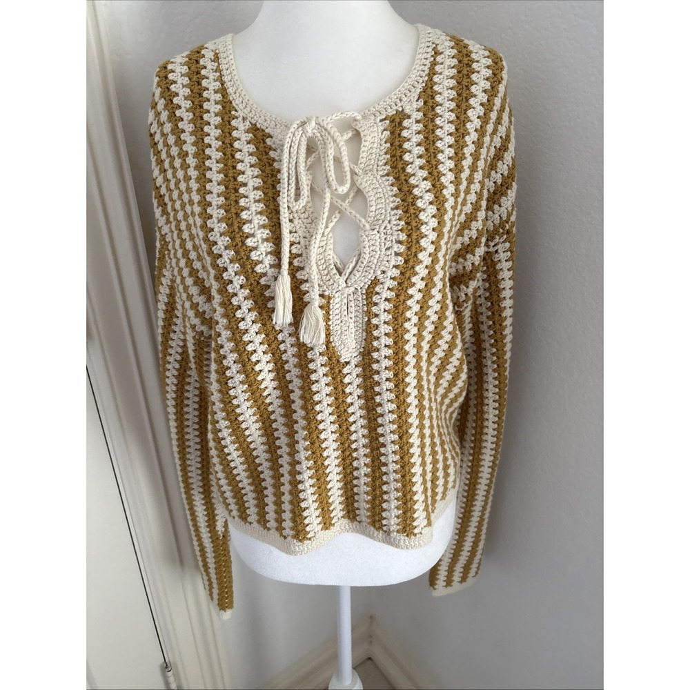 White + Warren Chunky Knit Sweater  Boho  Cotton Cream Mustard XS Crochet Knit